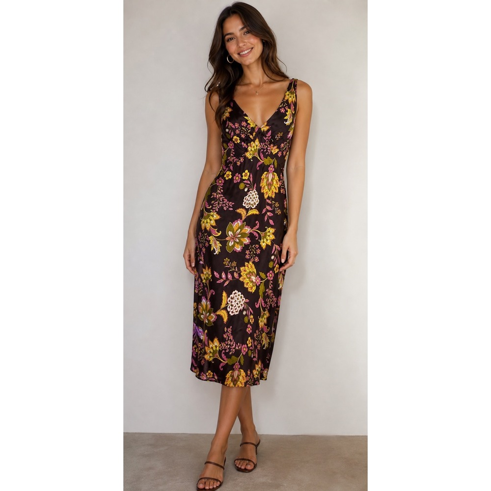 Dress Forum Floral Satin V-Neck Midi Dress Medium Babydoll Retro Romantic 70s